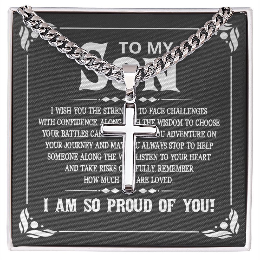 To My Son Strength to Face Challenges Artisan Cross Cuban Chain Two-Tone Box